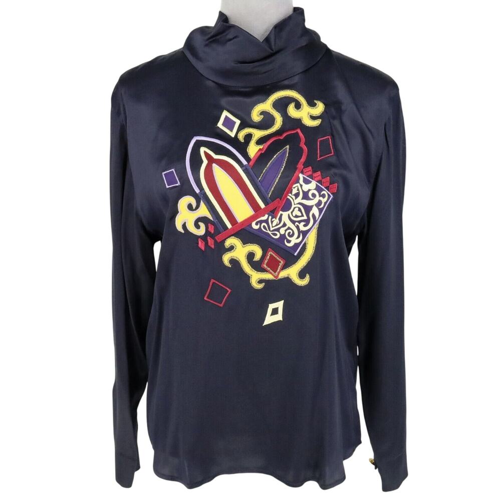 Laurel Escada Top Womens 6 Navy Blue Silk Blouse Embroidered Mock Neck Vintage